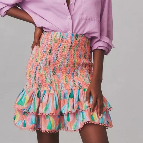 Farm Rio Anthro Smocked Mini Skirt Pink Floral Print Boho Ruffle Hem XL NWT - Picture 1 of 8